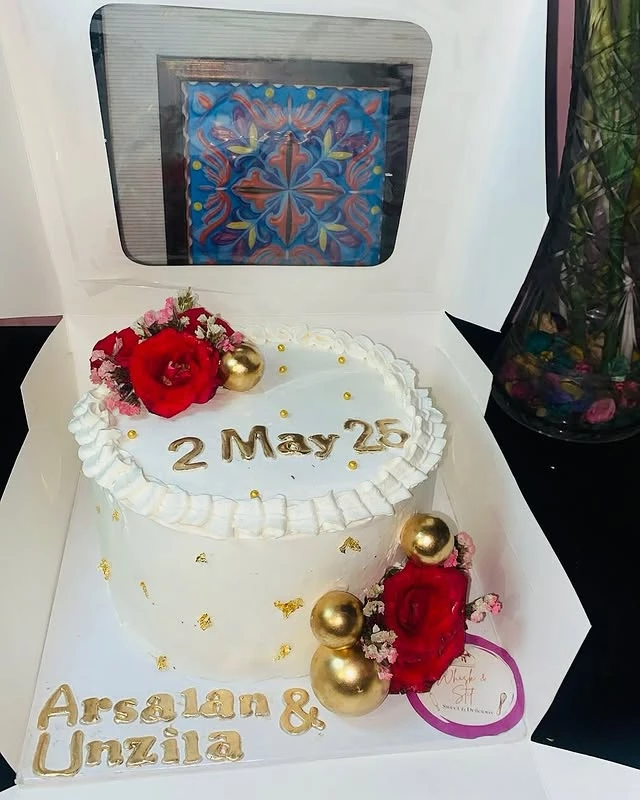 Beautiful nikkah cake for Arsalan and Unzila with date 2 May 25 and elegant wedding design - Nikkah Celebration Cakes Karachi By Whisk And Sift